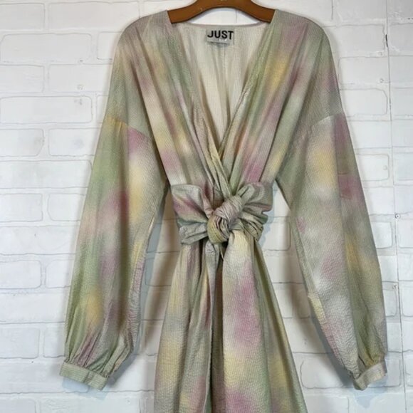JUST Female Nikki Pastel Seersucker midi Maxi Dress Tie Dye Obi Robe Kimono  MED - Picture 11 of 12